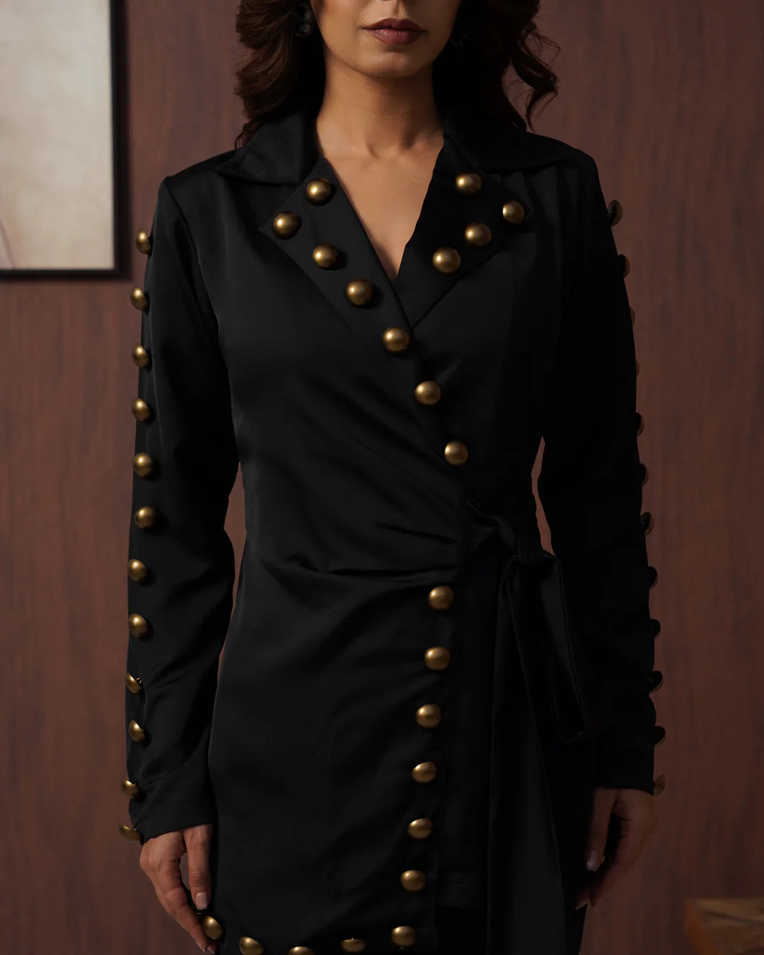 Black Studded Wrap Blazer with Wide-Leg Palazzo Co-Ord Set
