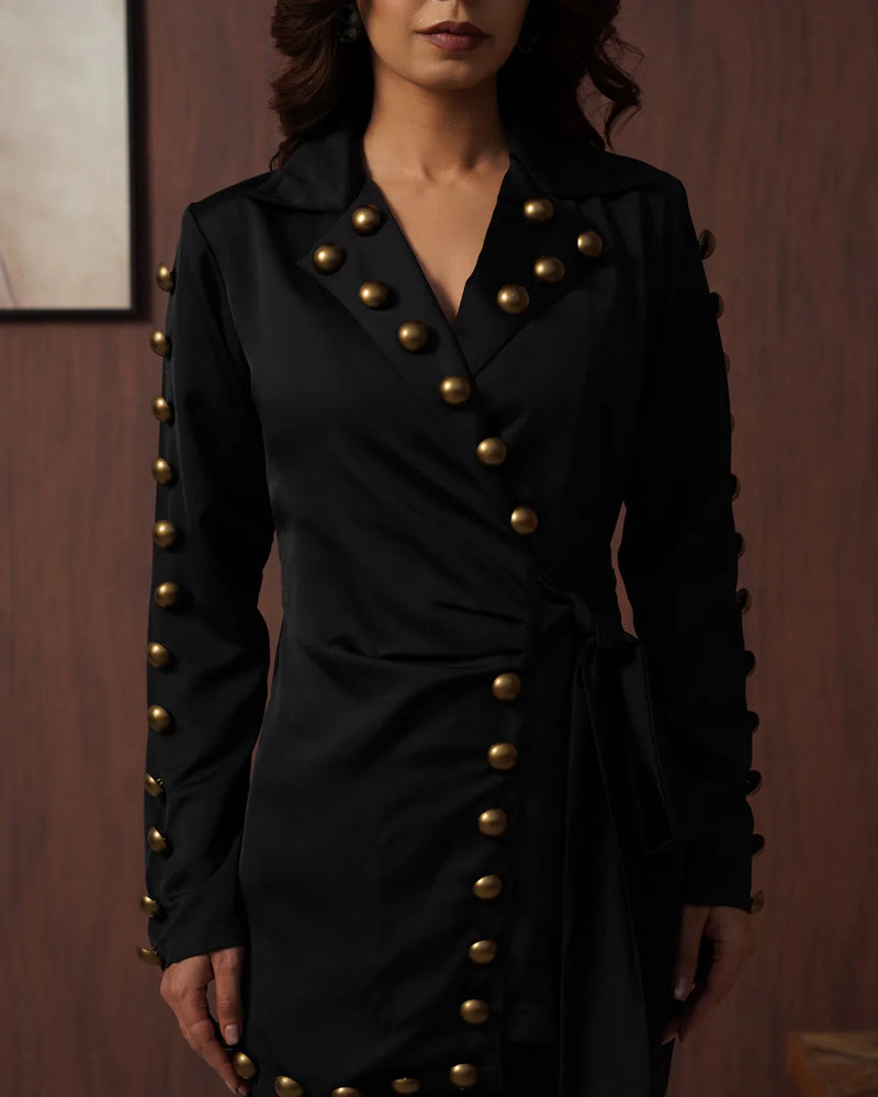 Black Studded Wrap Blazer with Wide-Leg Palazzo Co-Ord Set