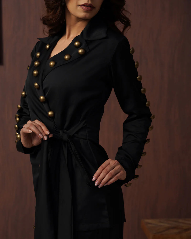 Black Studded Wrap Blazer with Wide-Leg Palazzo Co-Ord Set