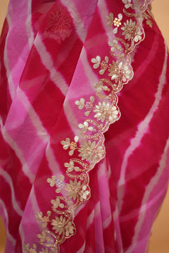 Azure Blue Pure Chiffon Leheriya Saree with Floral Embroidery & Sequin Handwork