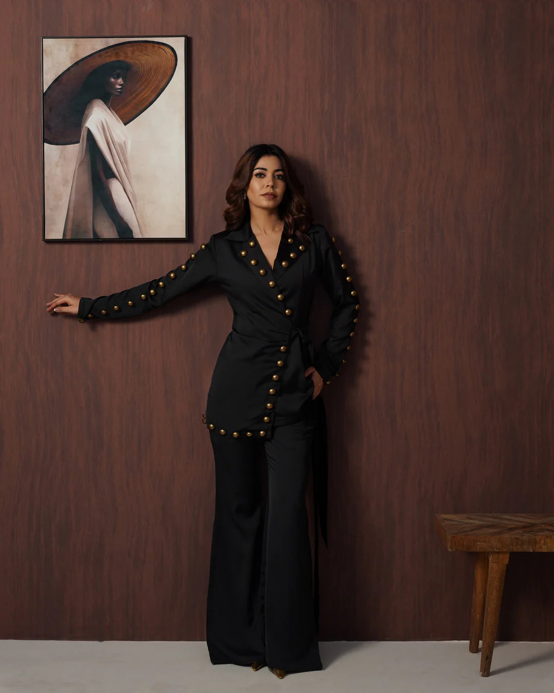 Black Studded Wrap Blazer with Wide-Leg Palazzo Co-Ord Set