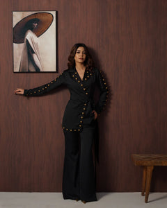 Black Studded Wrap Blazer with Wide-Leg Palazzo Co-Ord Set