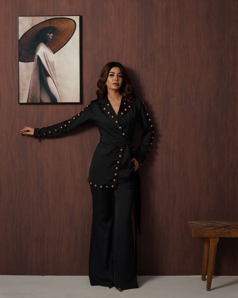 Black Studded Wrap Blazer with Wide-Leg Palazzo Co-Ord Set