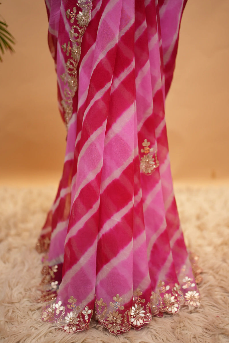 Azure Blue Pure Chiffon Leheriya Saree with Floral Embroidery & Sequin Handwork
