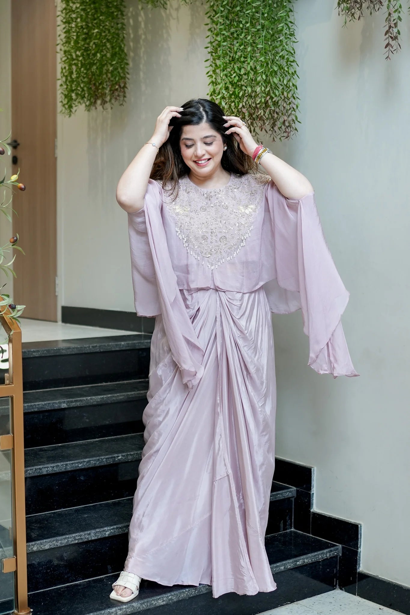 Pastel Peach Embroidered Three Piece Ensemble