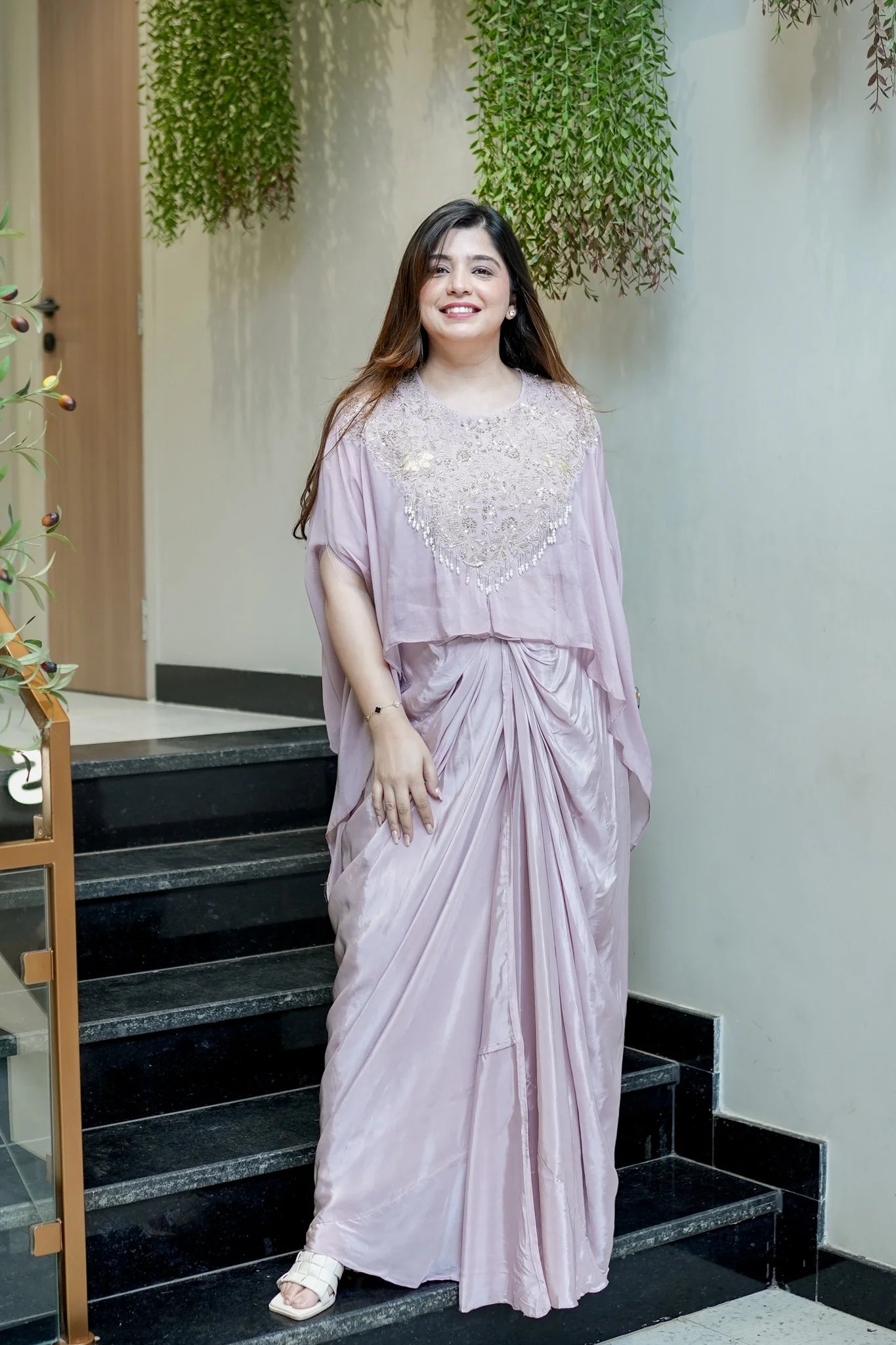 Pastel Peach Embroidered Three Piece Ensemble
