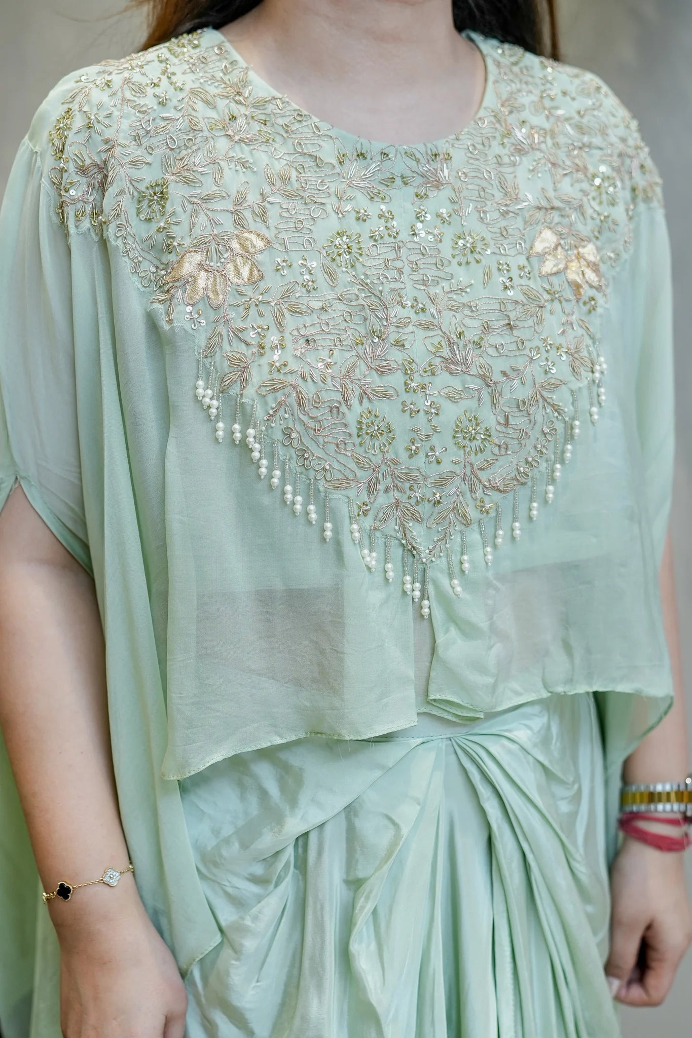 Pastel Peach Embroidered Three Piece Ensemble