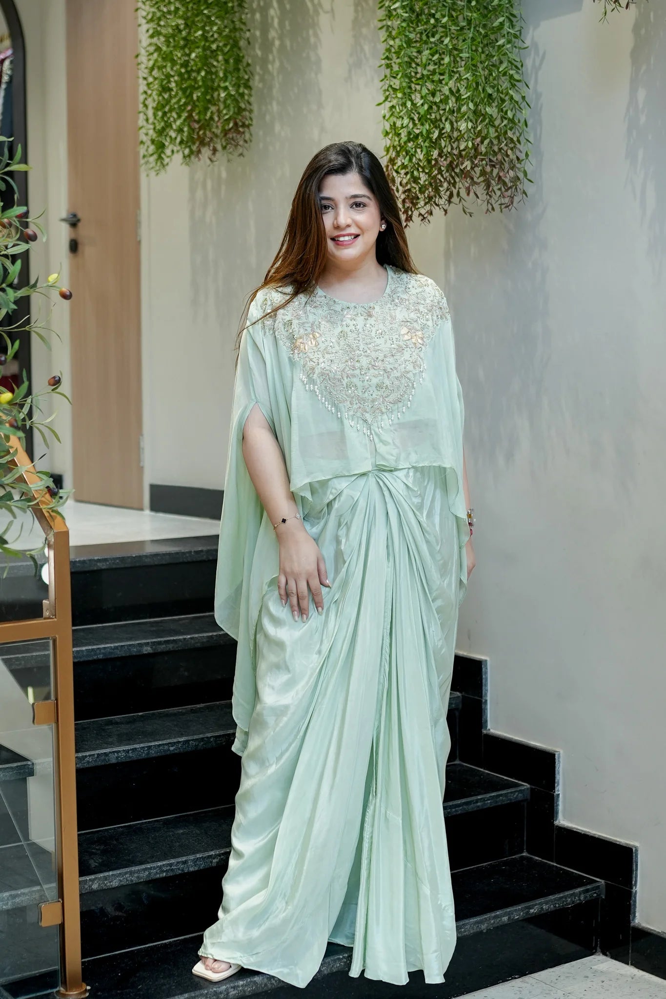Pastel Peach Embroidered Three Piece Ensemble