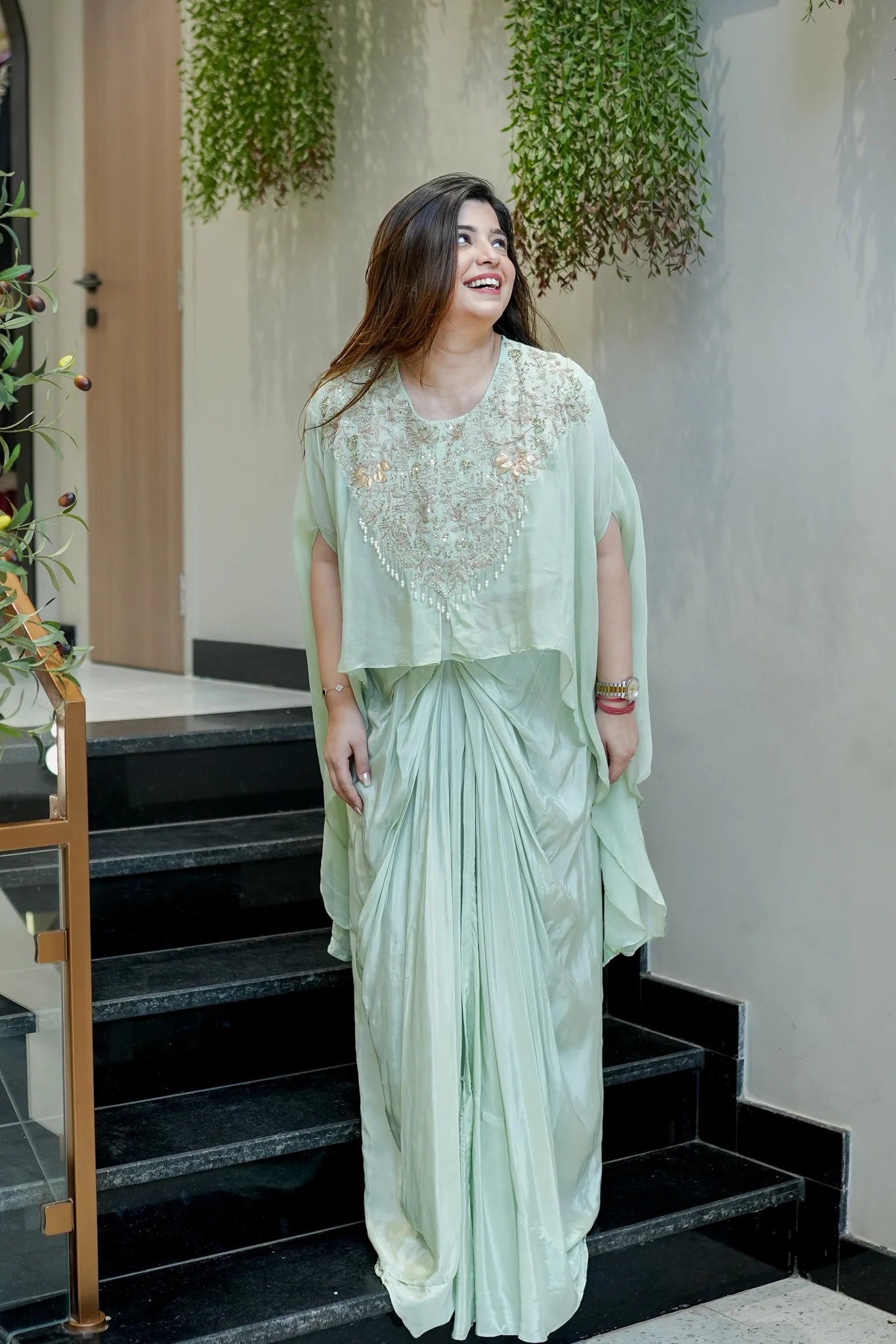 Pastel Peach Embroidered Three Piece Ensemble