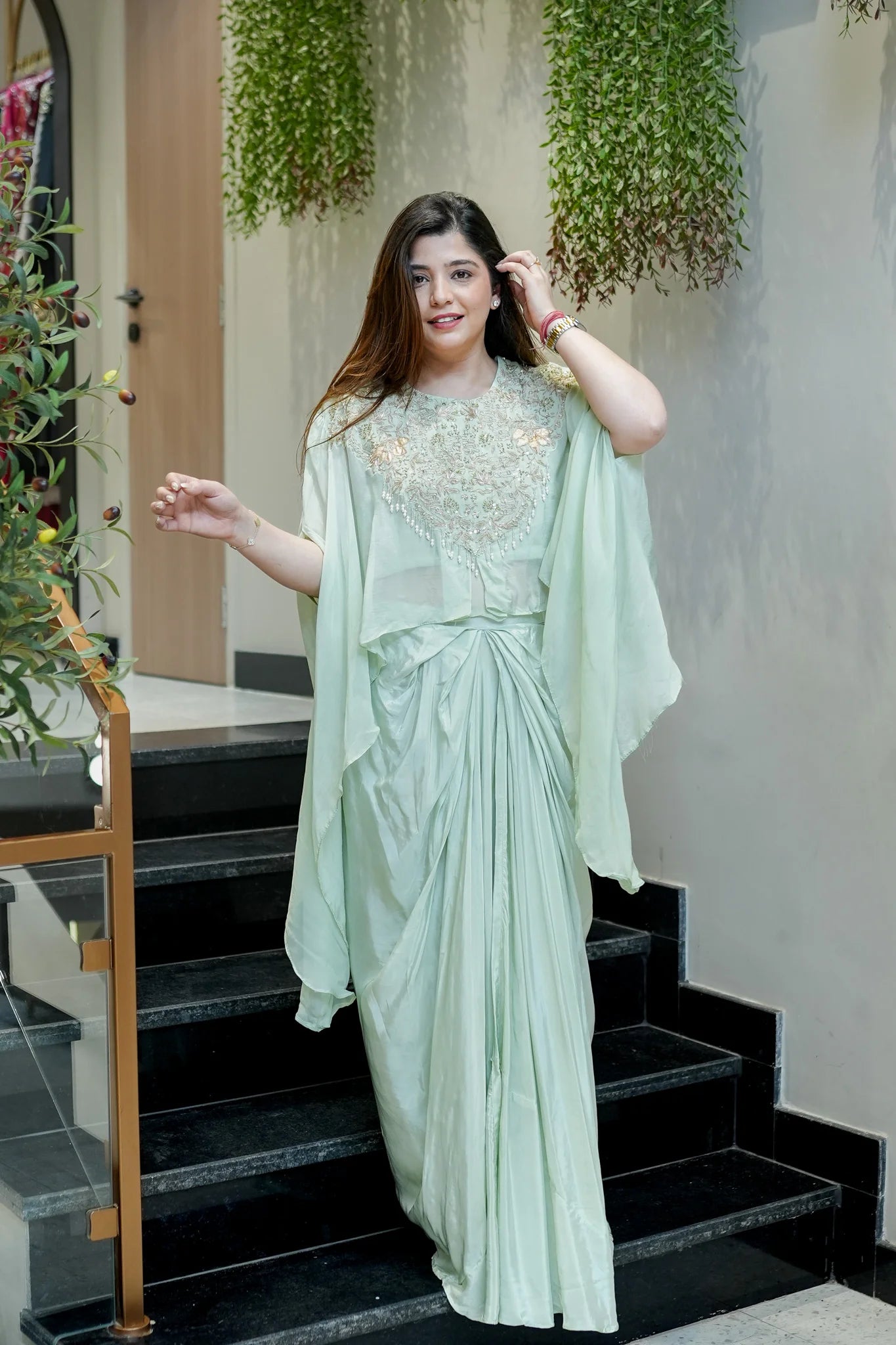 Pastel Peach Embroidered Three Piece Ensemble