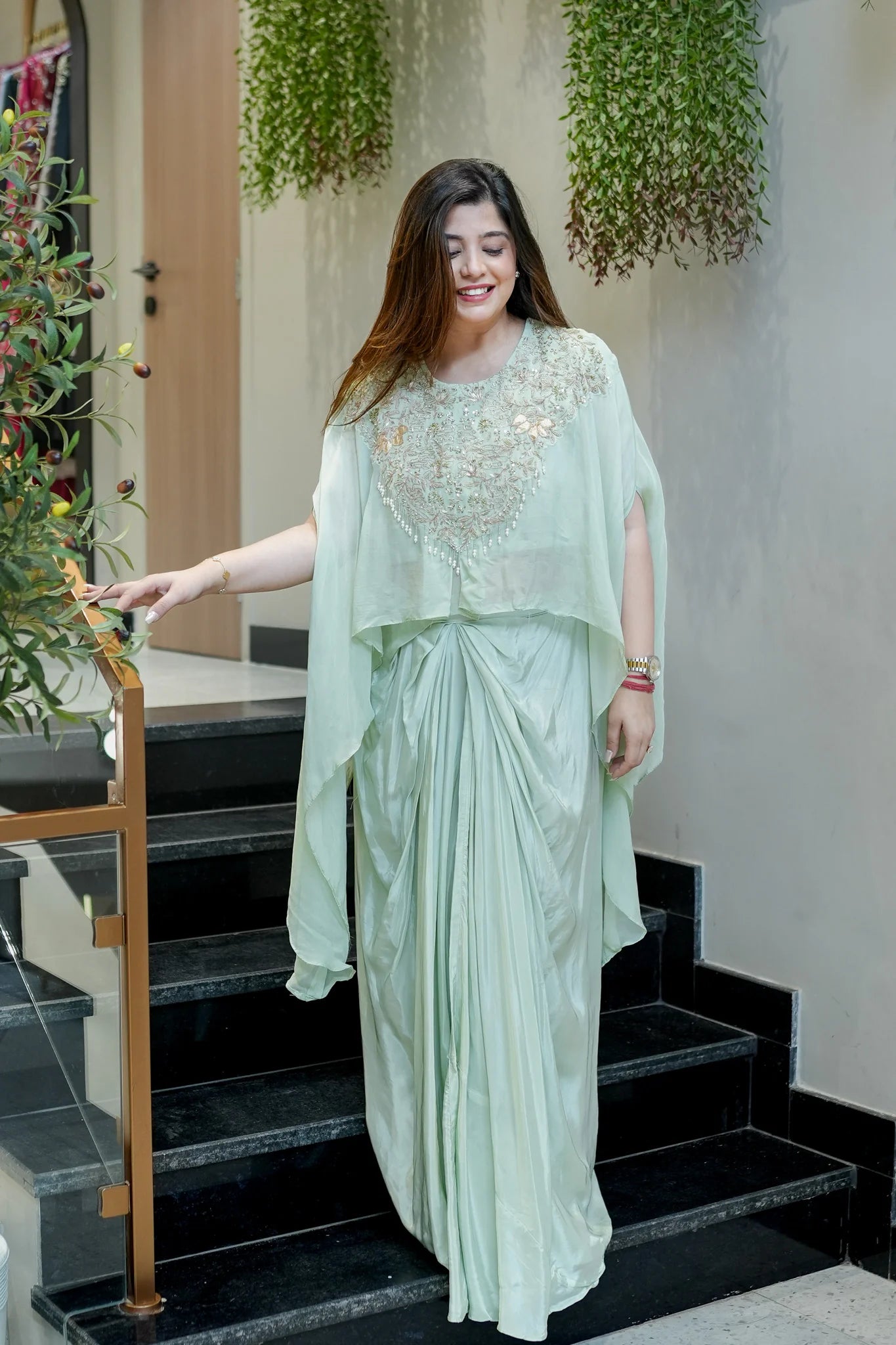 Pastel Peach Embroidered Three Piece Ensemble
