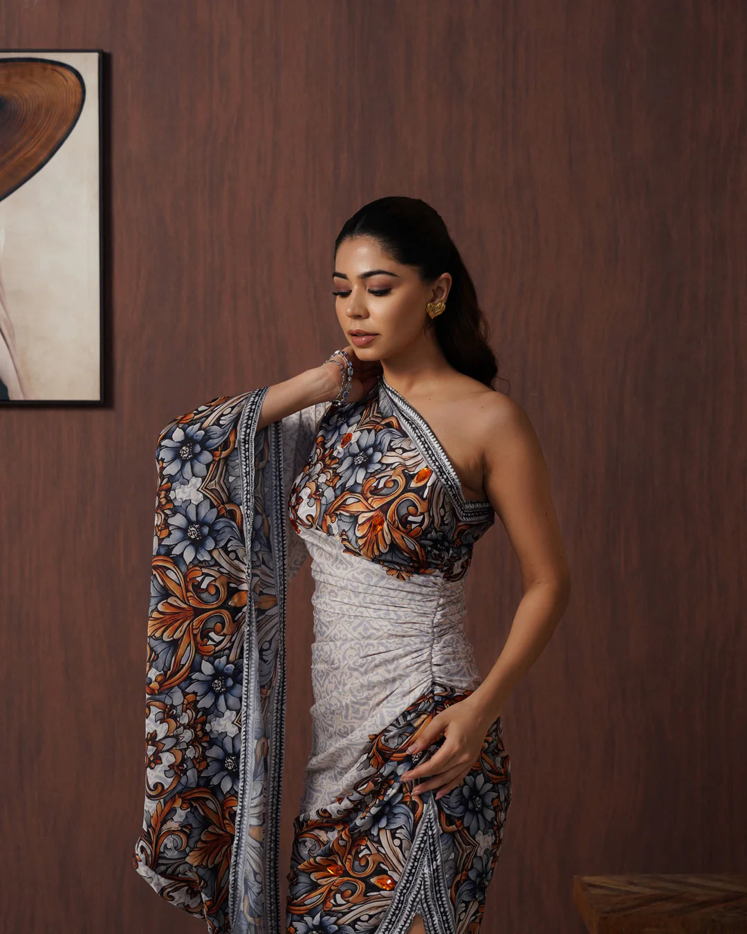 Ivory Floral One-Shoulder Armani Satin Draped Dress