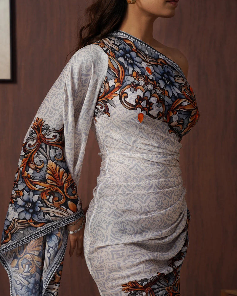 Ivory Floral One-Shoulder Armani Satin Draped Dress