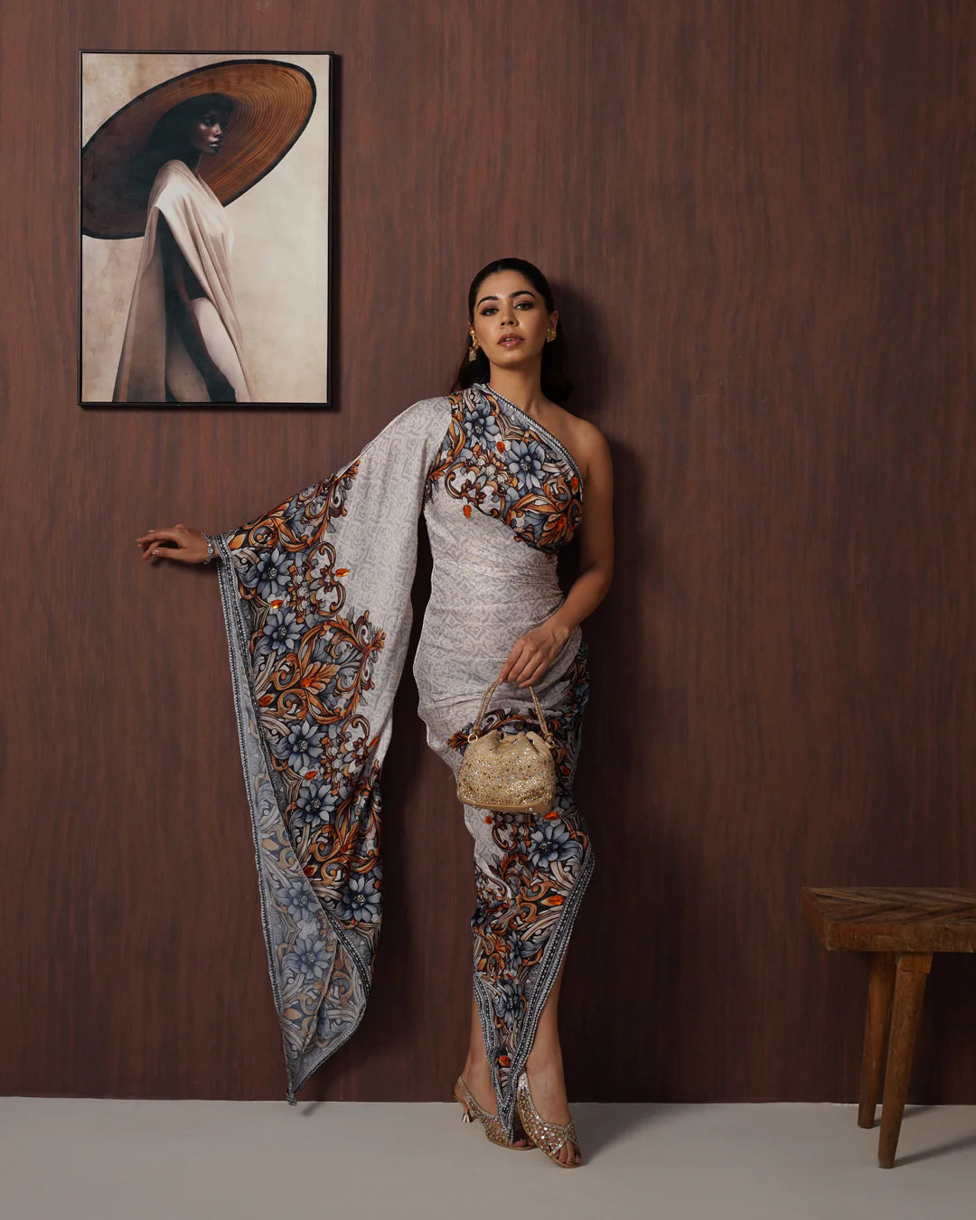 Ivory Floral One-Shoulder Armani Satin Draped Dress