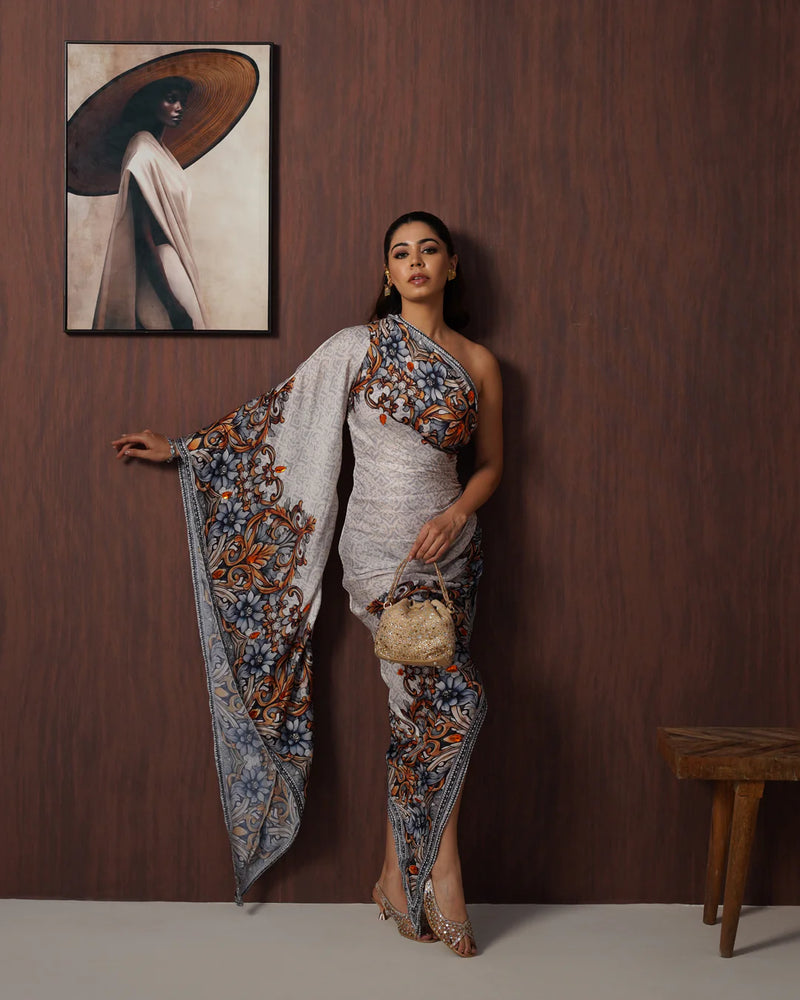 Ivory Floral One-Shoulder Armani Satin Draped Dress