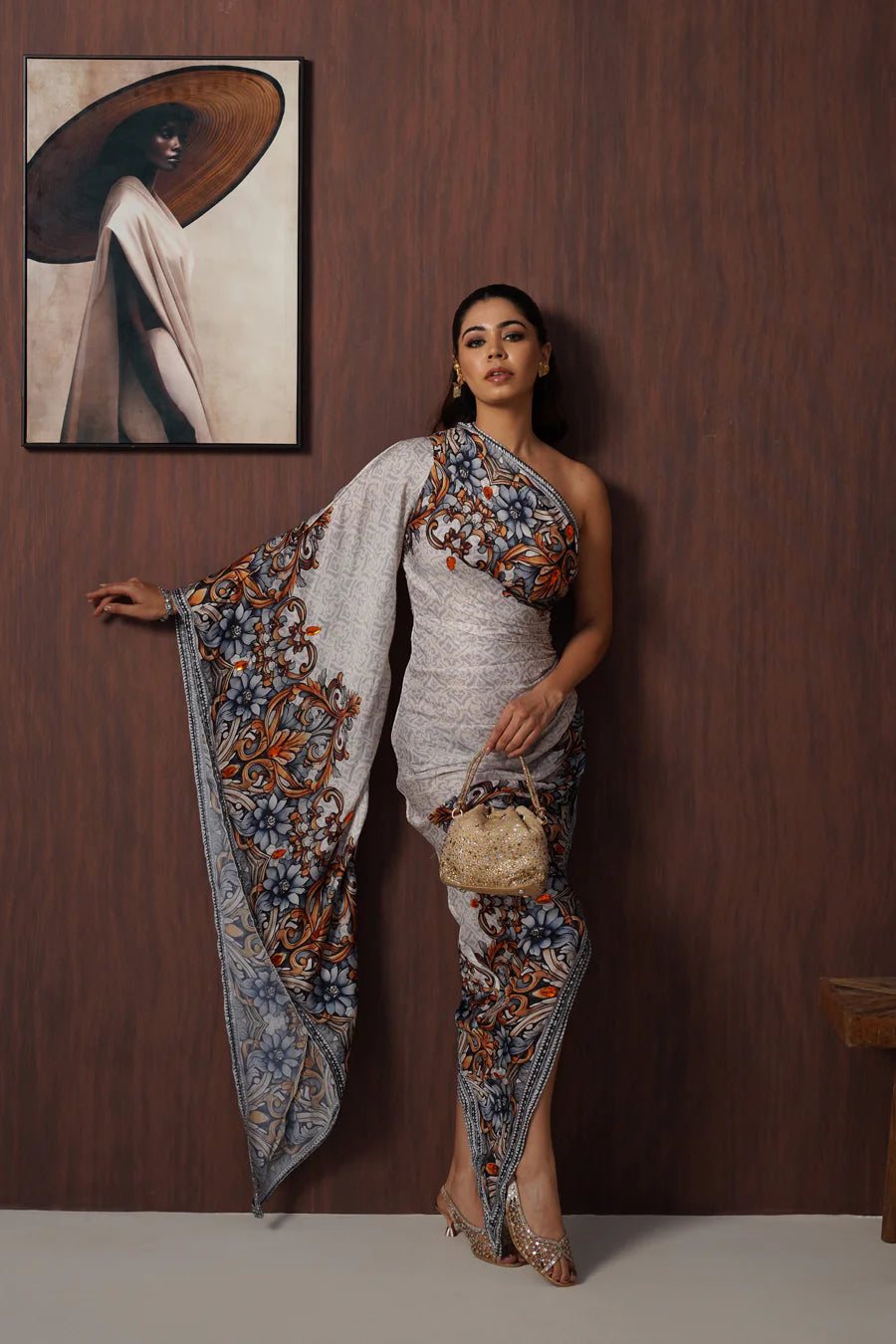 Ivory Floral One-Shoulder Armani Satin Draped Dress