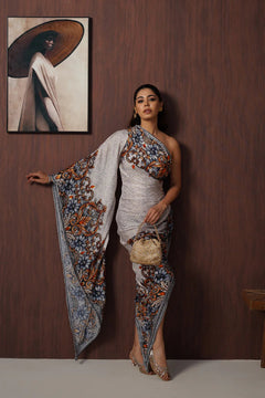 Ivory Floral One-Shoulder Armani Satin Draped Dress