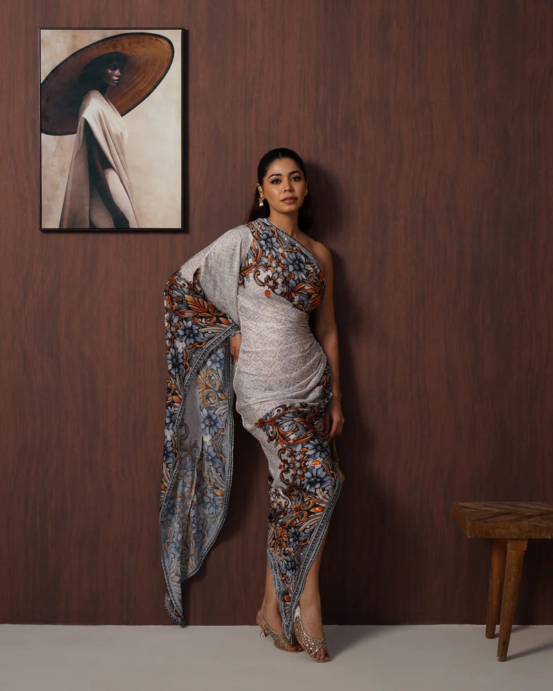 Ivory Floral One-Shoulder Armani Satin Draped Dress