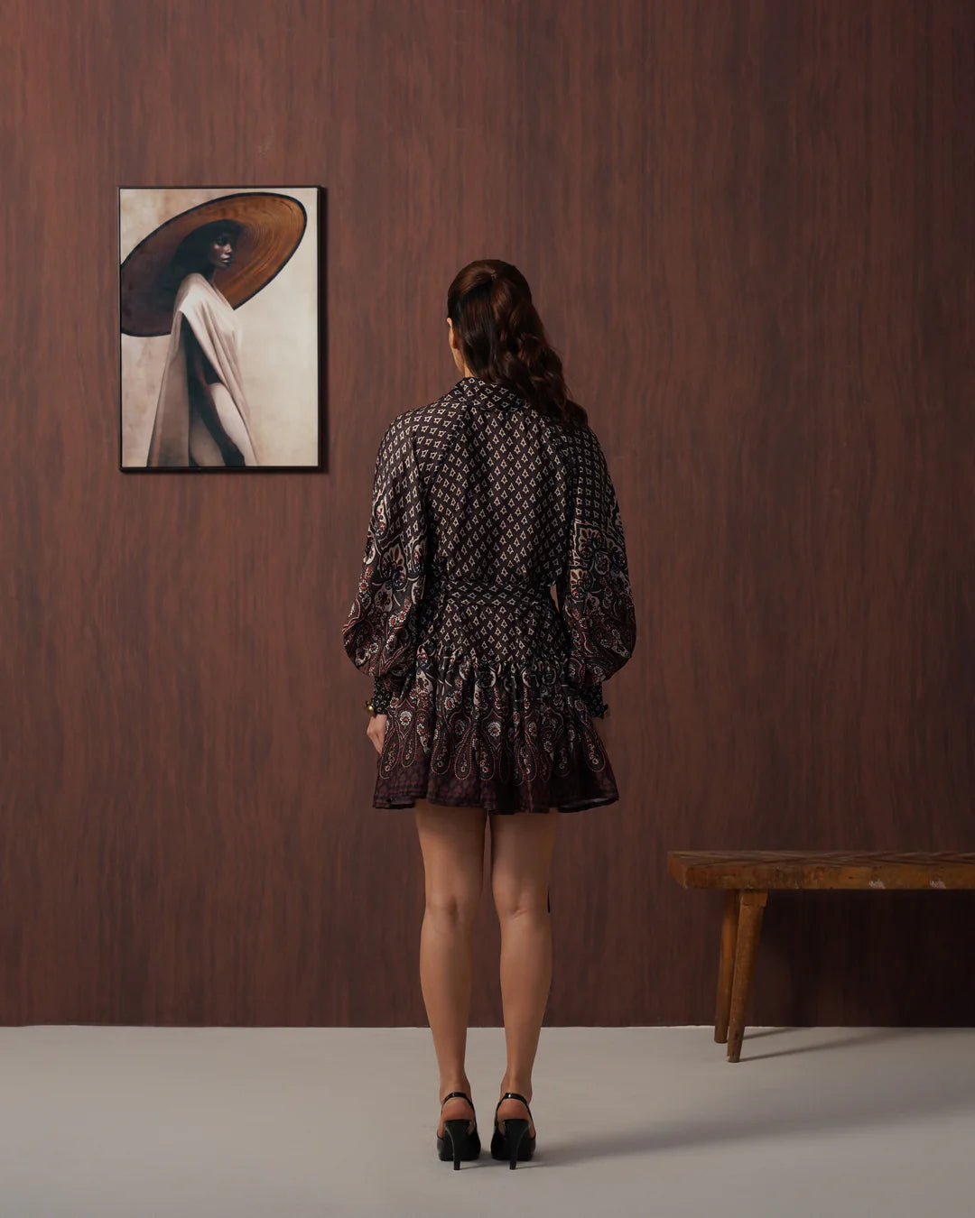Brown Paisley Frill Mini Dress