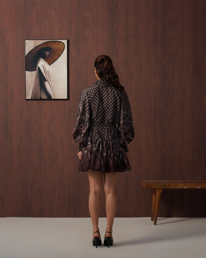 Brown Paisley Frill Mini Dress