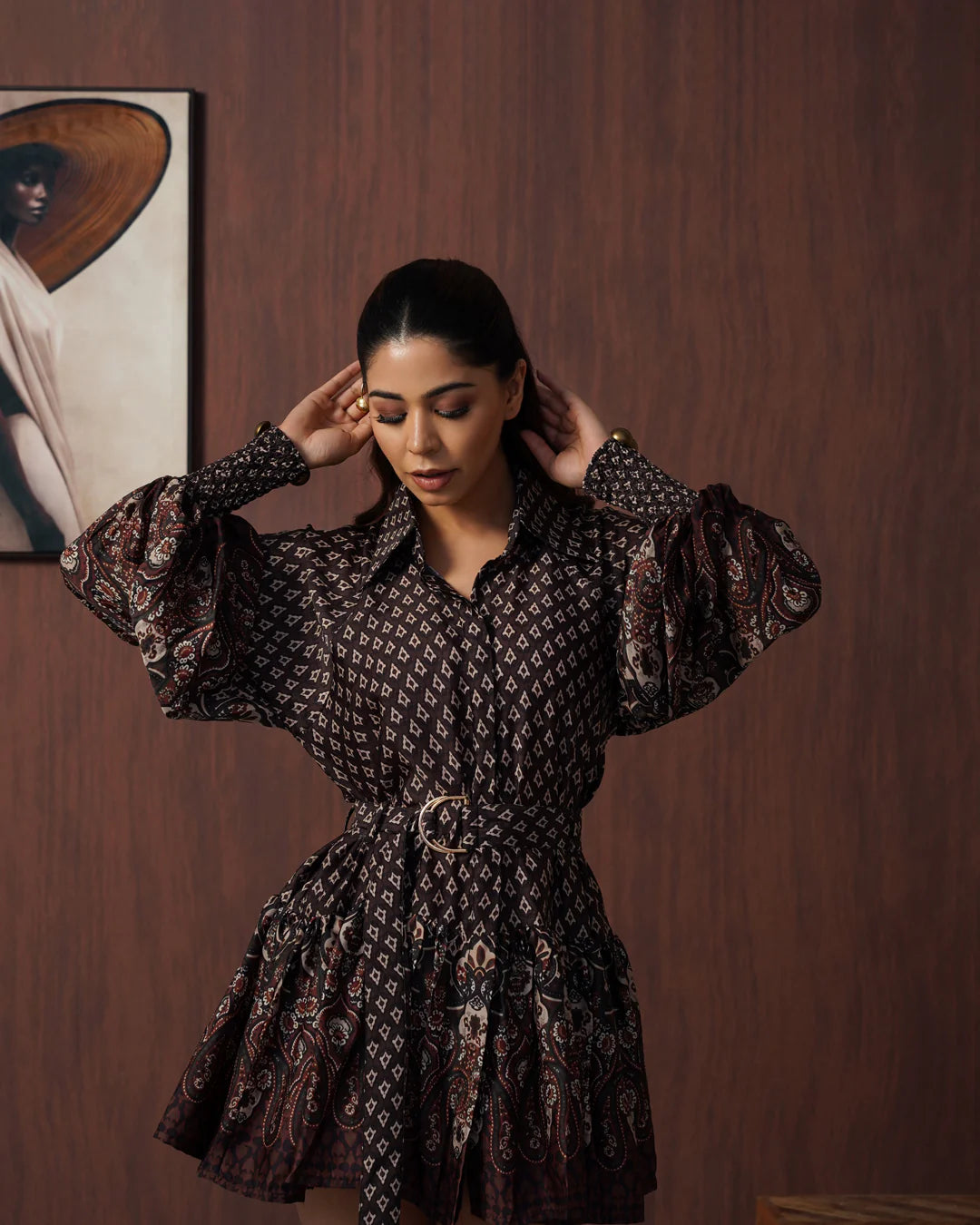 Brown Paisley Frill Mini Dress