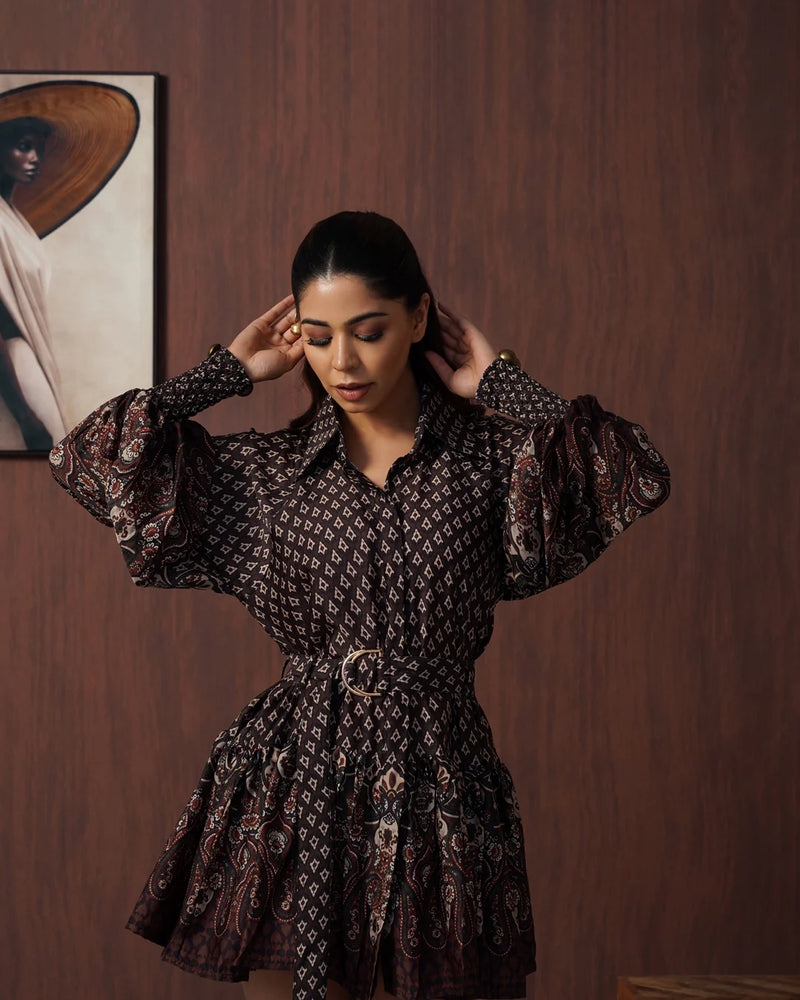 Brown Paisley Frill Mini Dress