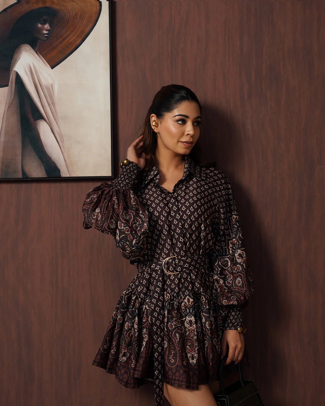 Brown Paisley Frill Mini Dress