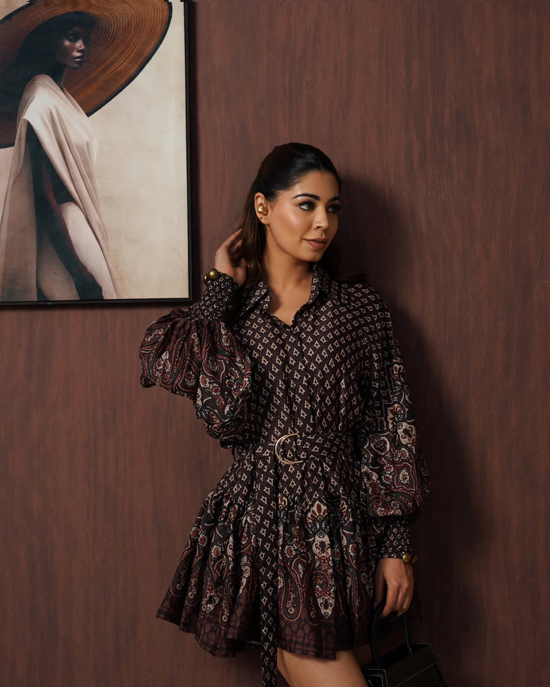 Brown Paisley Frill Mini Dress