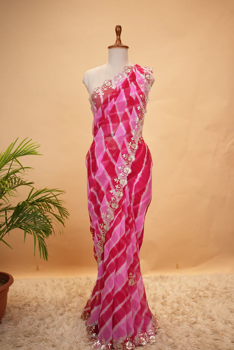 Azure Blue Pure Chiffon Leheriya Saree with Floral Embroidery & Sequin Handwork