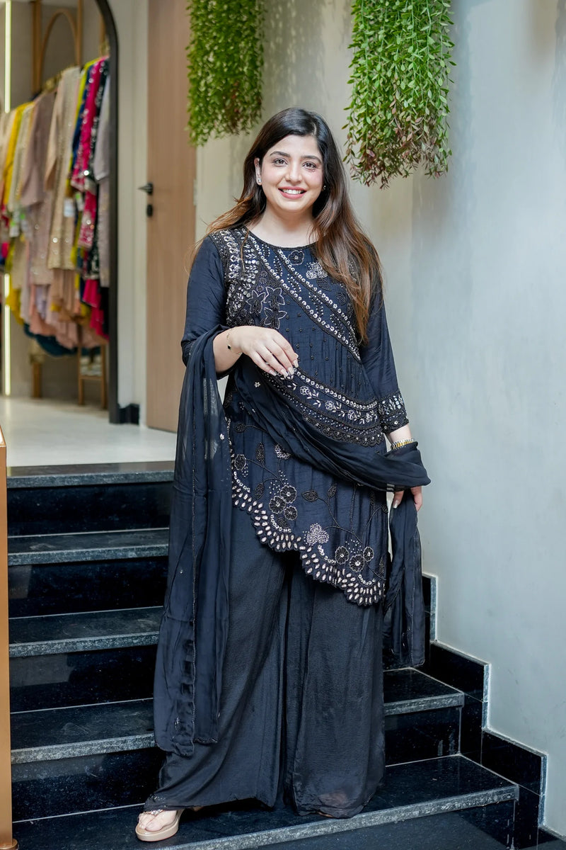 Embroidered Upside Down Silk Suit Set