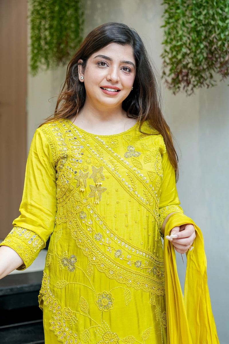 Embroidered Upside Down Silk Suit Set