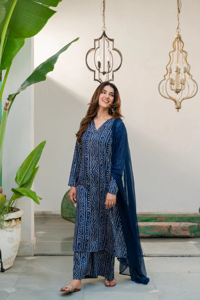 Navy Blue Cotton Glaze Bandhani Suit Set