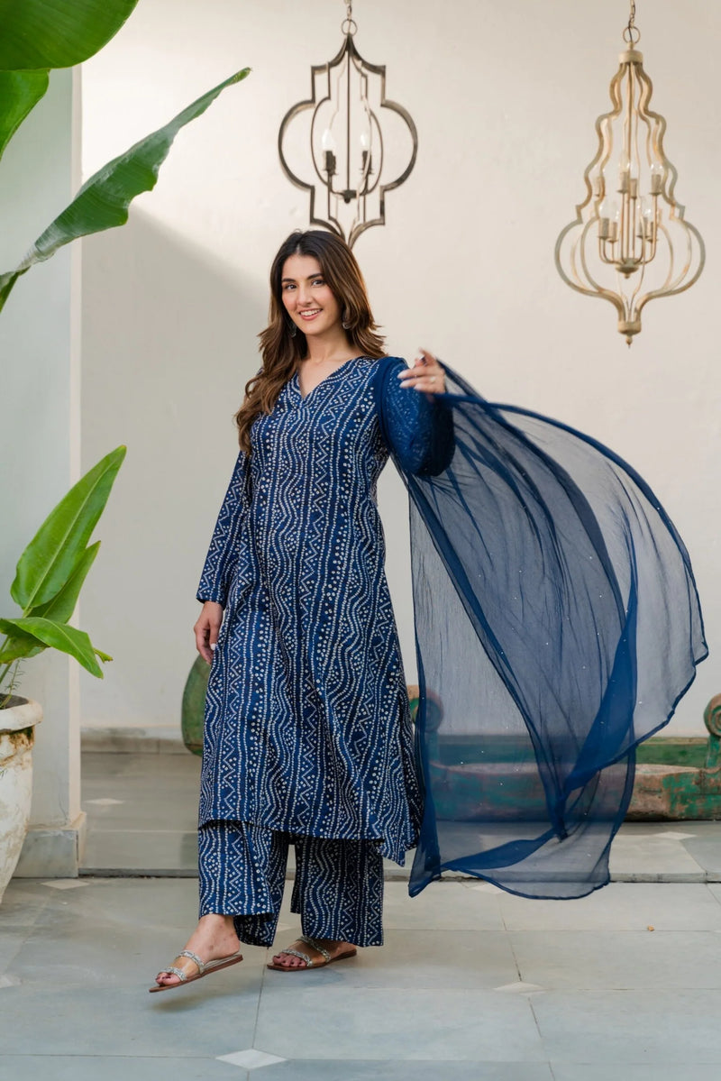 Navy Blue Cotton Glaze Bandhani Suit Set