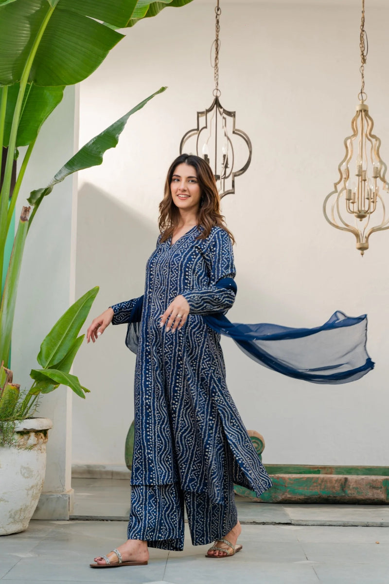 Navy Blue Cotton Glaze Bandhani Suit Set