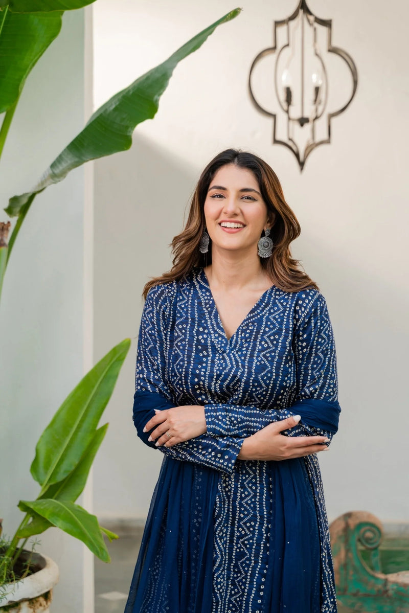 Navy Blue Cotton Glaze Bandhani Suit Set