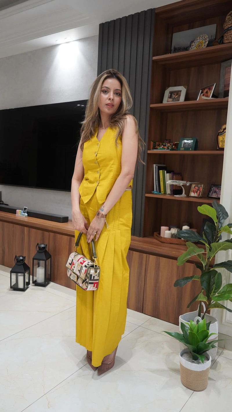 Sunny Mustard Cotton Linen Waistcoat Pants