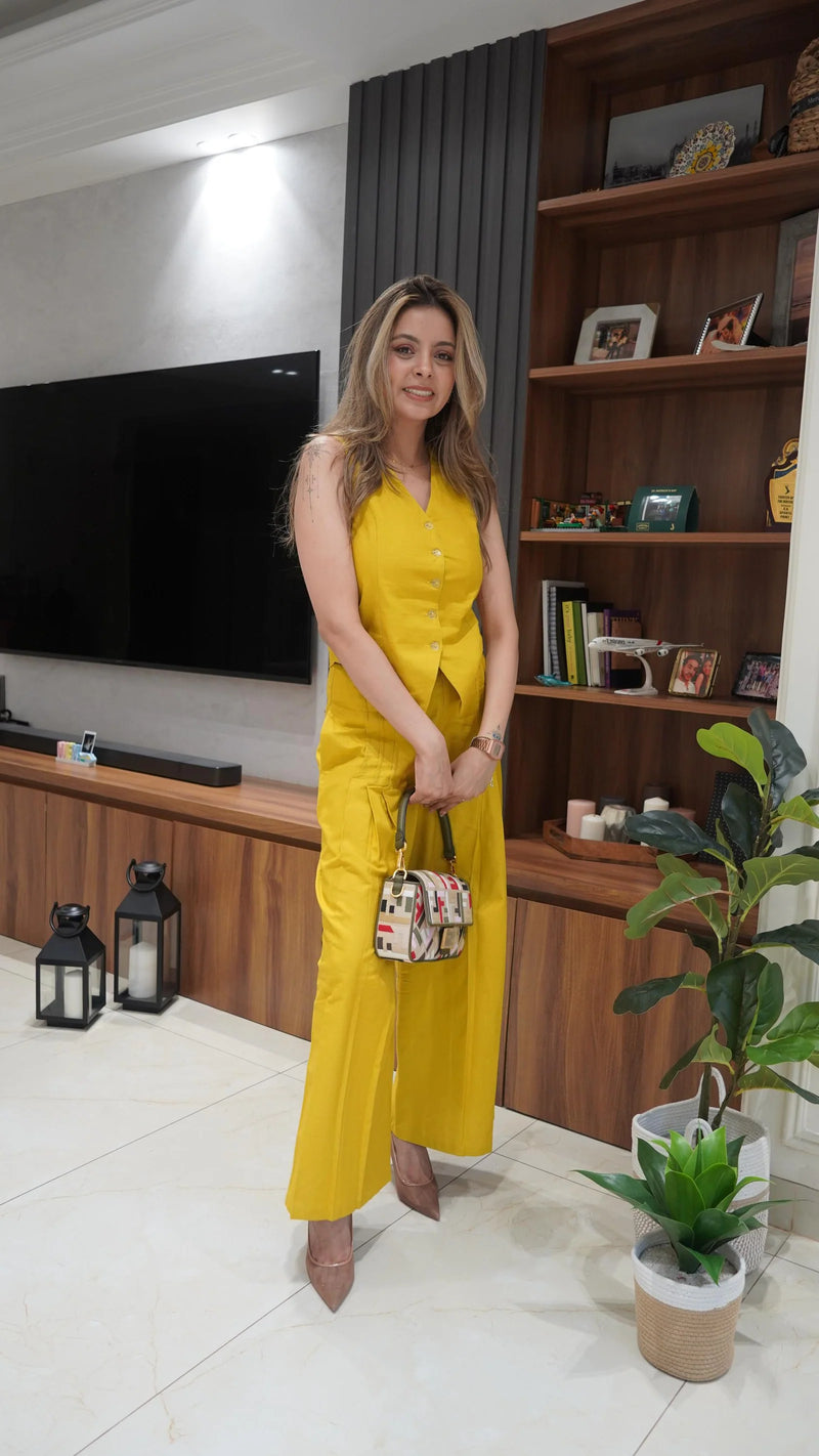 Sunny Mustard Cotton Linen Waistcoat Pants