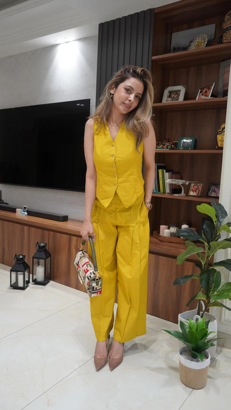 Sunny Mustard Cotton Linen Waistcoat Pants