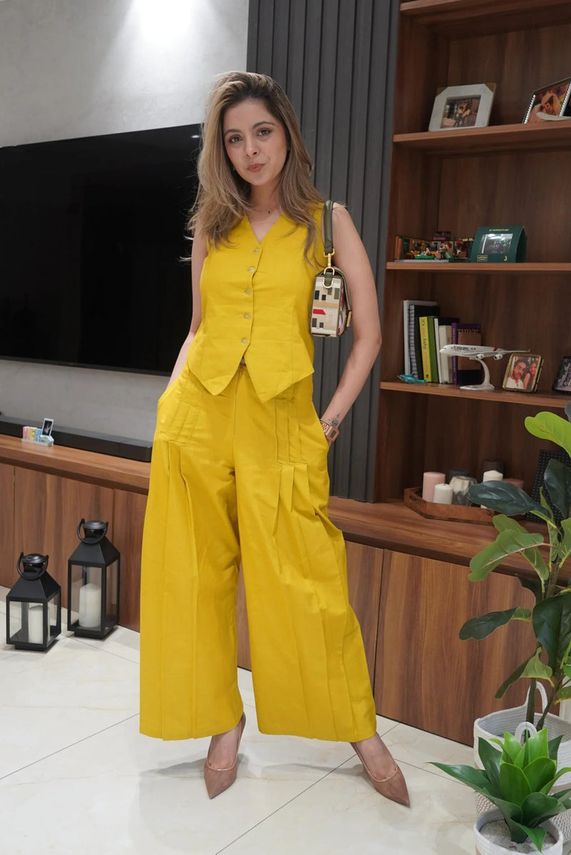 Sunny Mustard Cotton Linen Waistcoat Pants