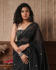 Mona Black Silver Zari Pure Mul Chanderi Saree With Blouse