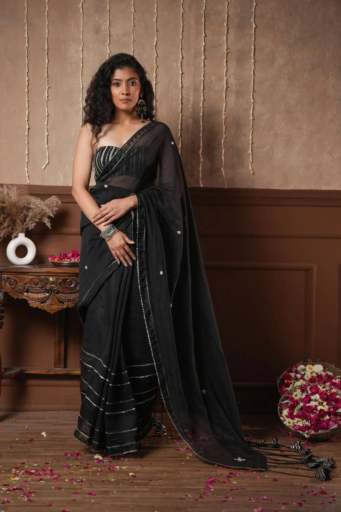 Mona Black Silver Zari Pure Mul Chanderi Saree With Blouse