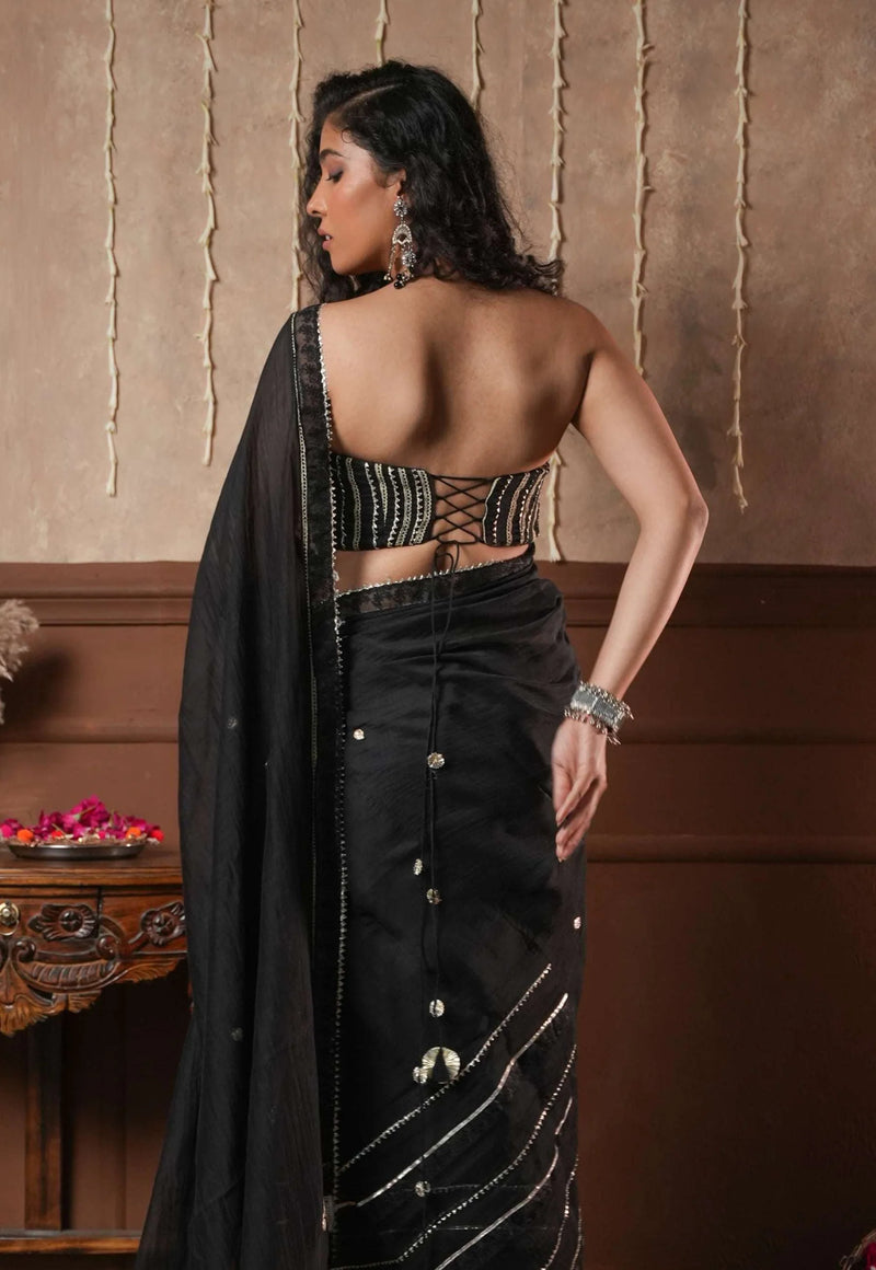 Mona Black Silver Zari Pure Mul Chanderi Saree With Blouse