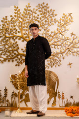 Jet Black Cotton Chikan Mirror Kurta
