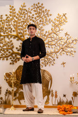 Jet Black Cotton Chikan Mirror Kurta
