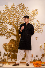 Jet Black Cotton Chikan Mirror Kurta