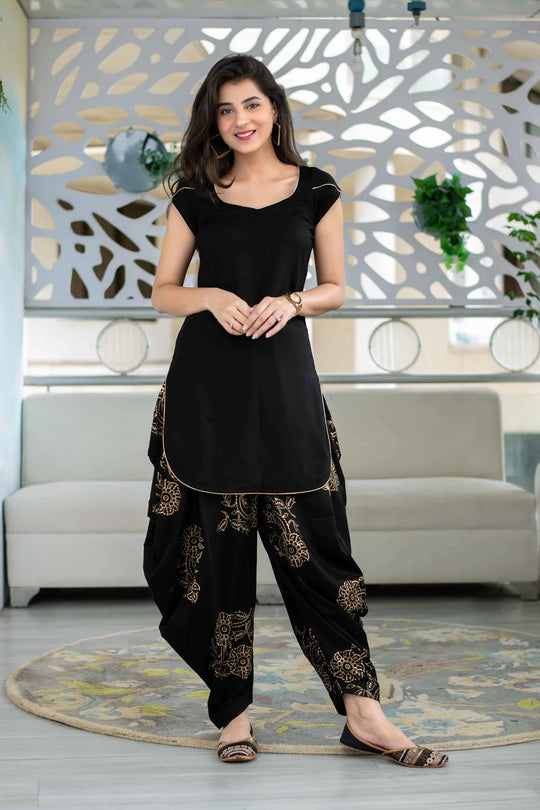 Rayon Black Patiala Kurta Set Block