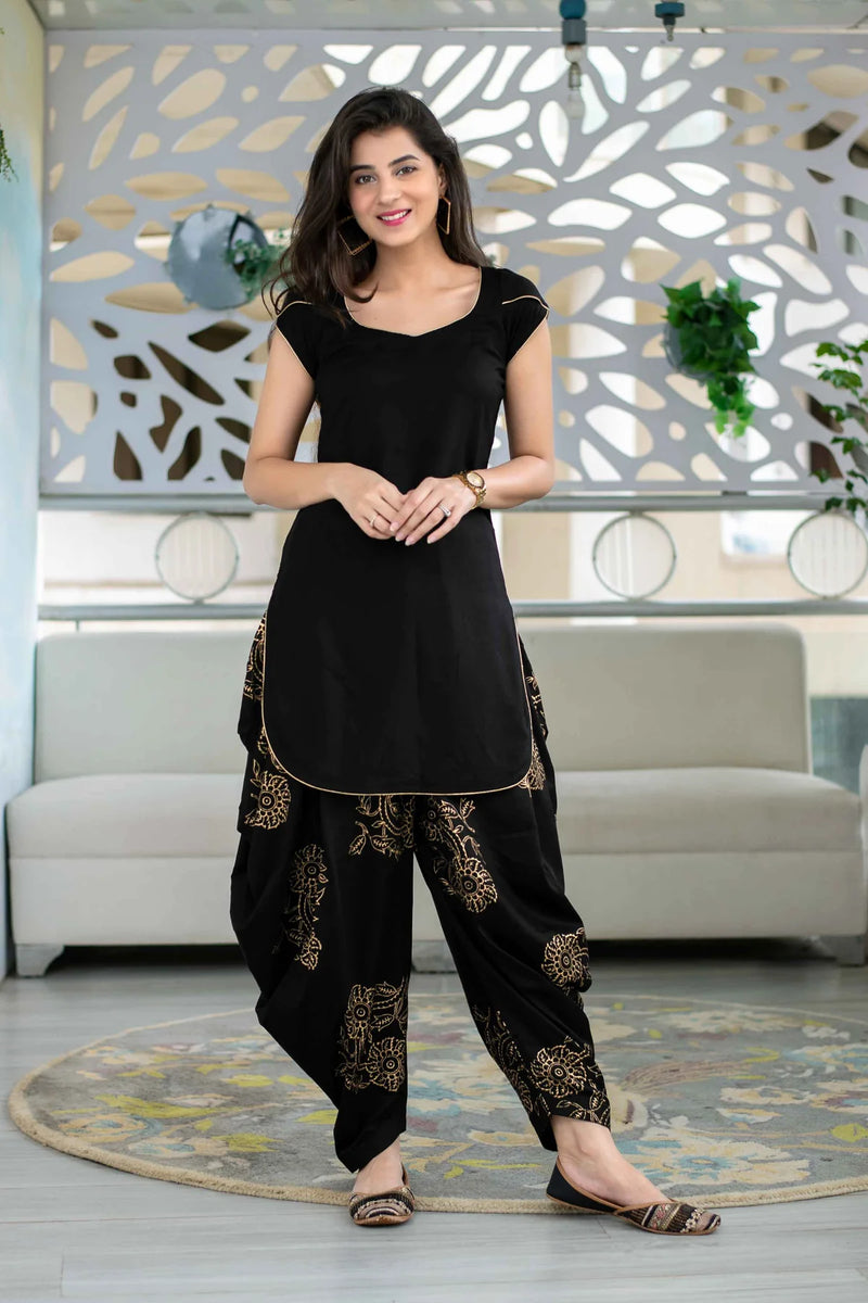 Rayon Black Patiala Kurta Set Block