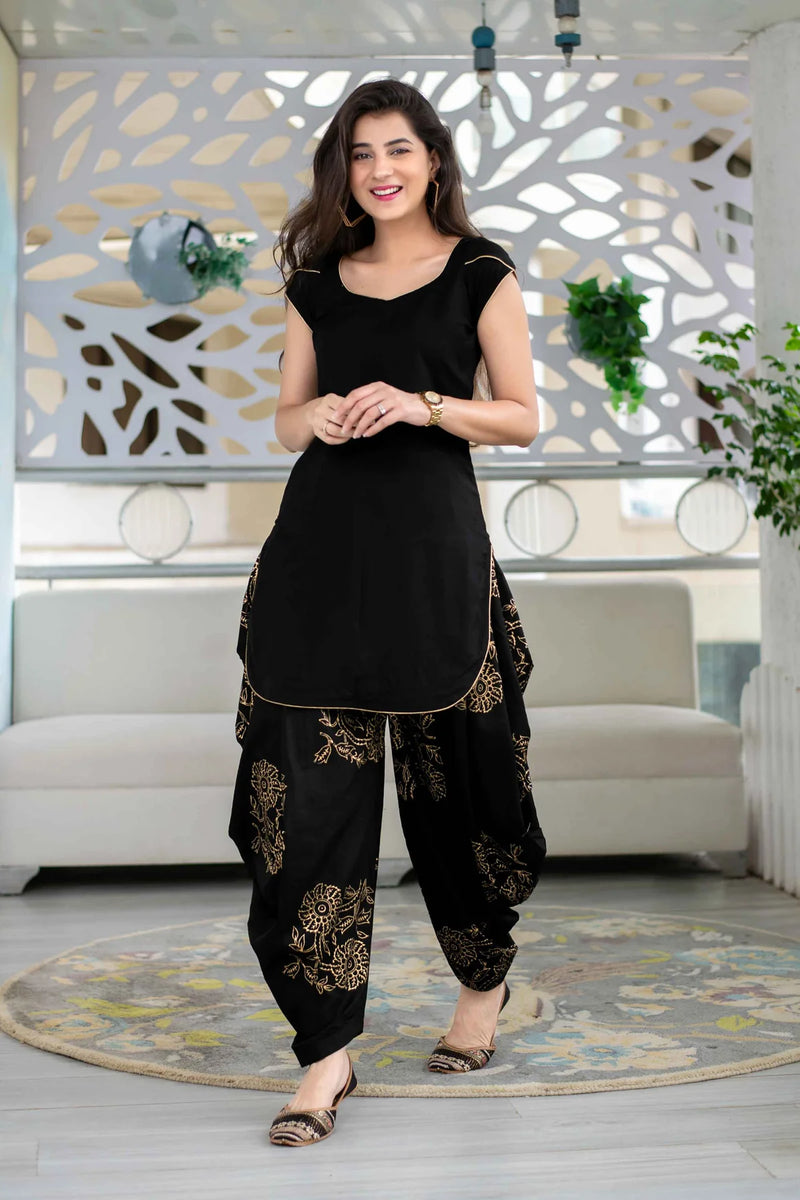 Rayon Black Patiala Kurta Set Block