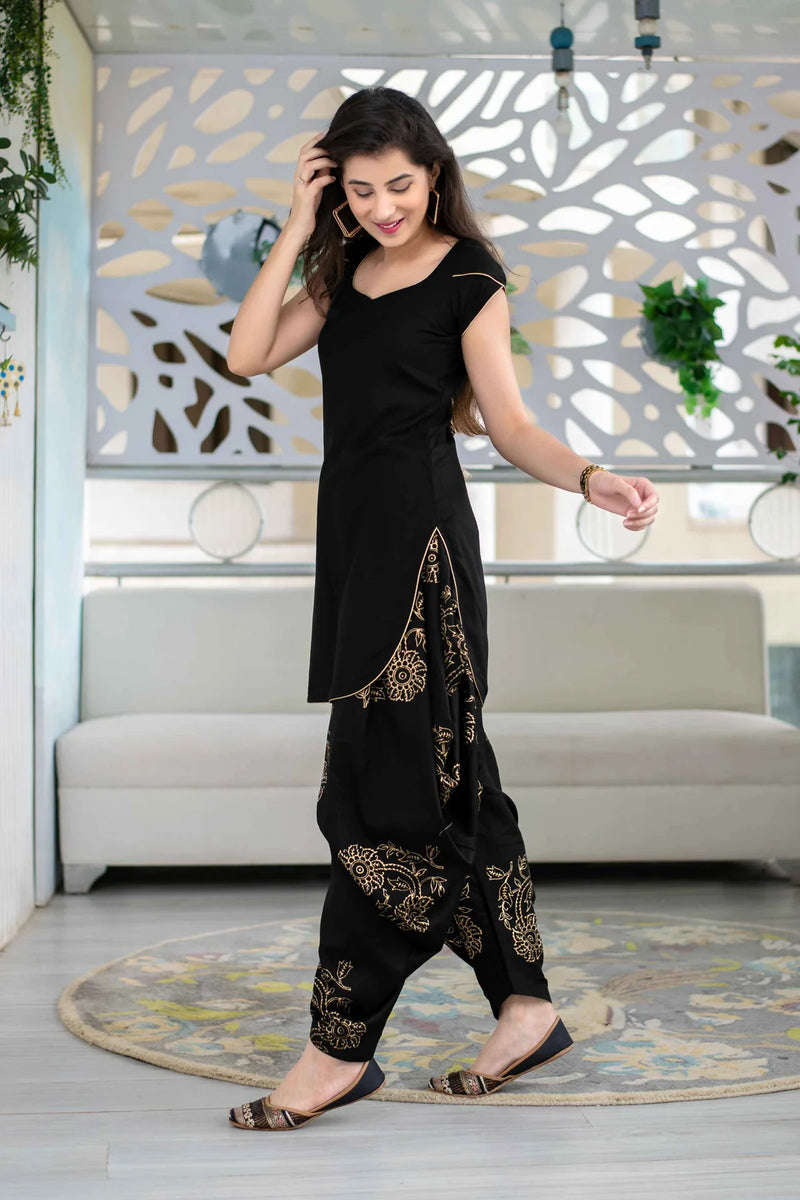 Rayon Black Patiala Kurta Set Block