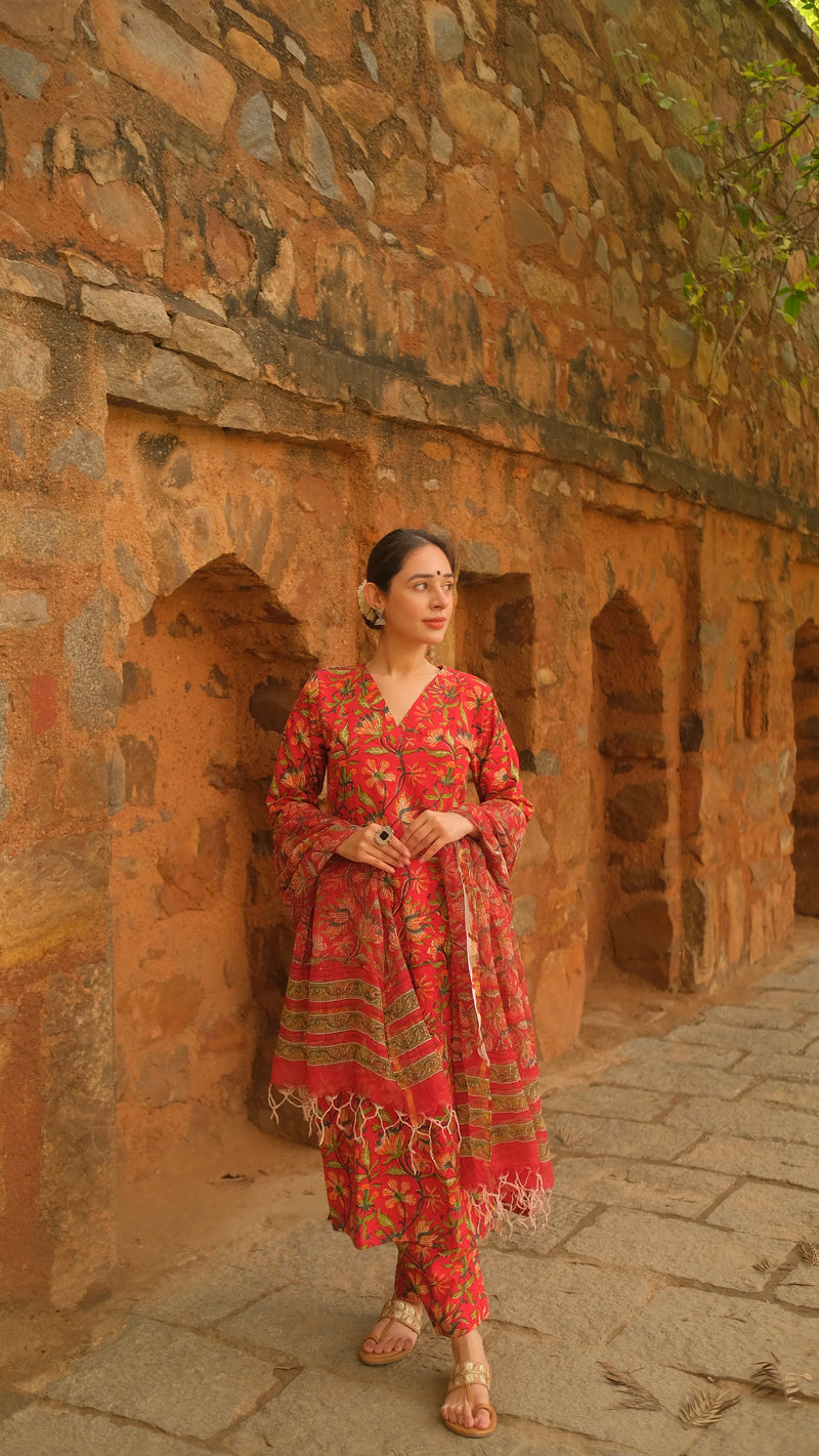 Vibrant Red Kalamkari Cotton Suit Set